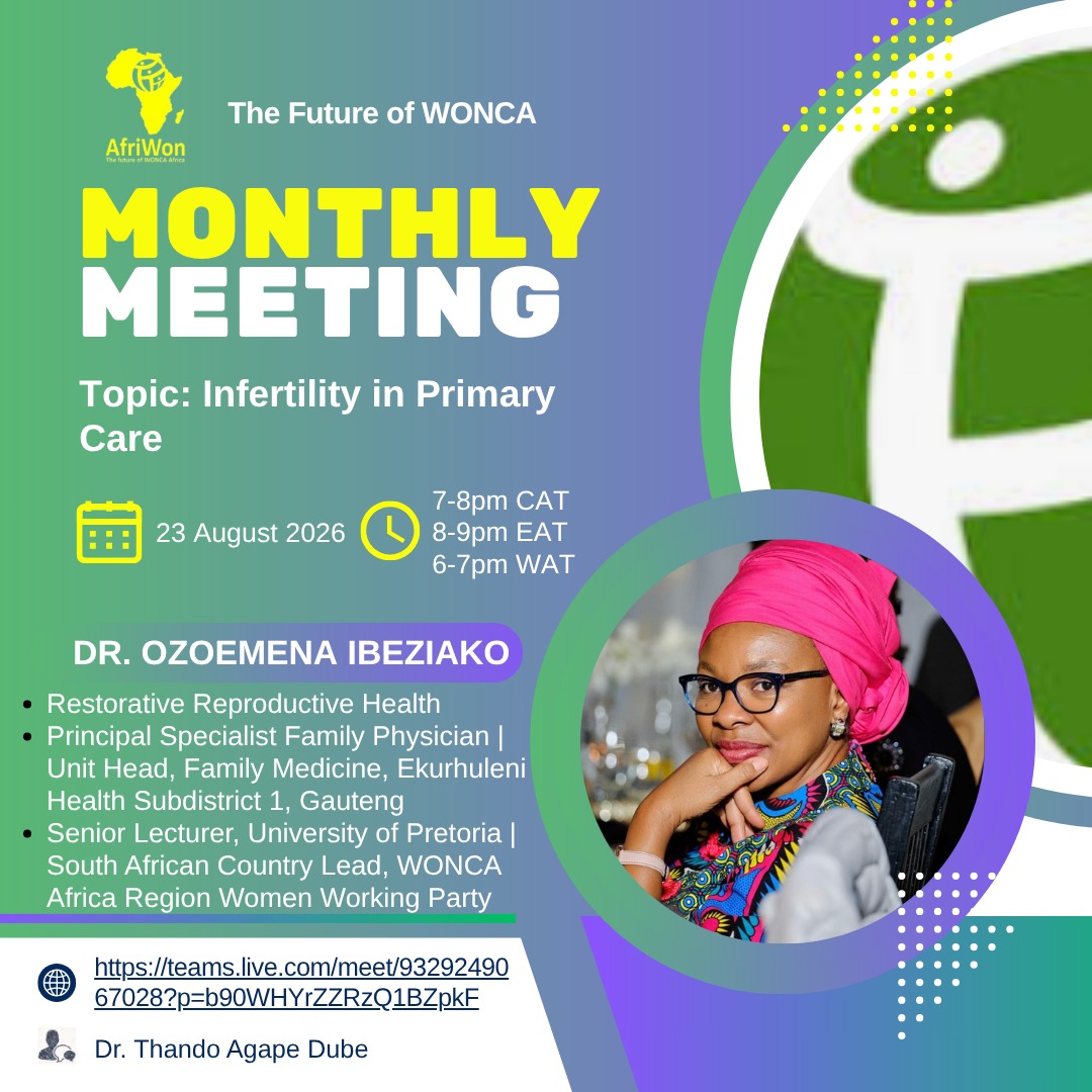 AfriWON Research Group meeting, 23 August 2026: Infertility in Primary Care with Dr Ozoemena Ibeziako